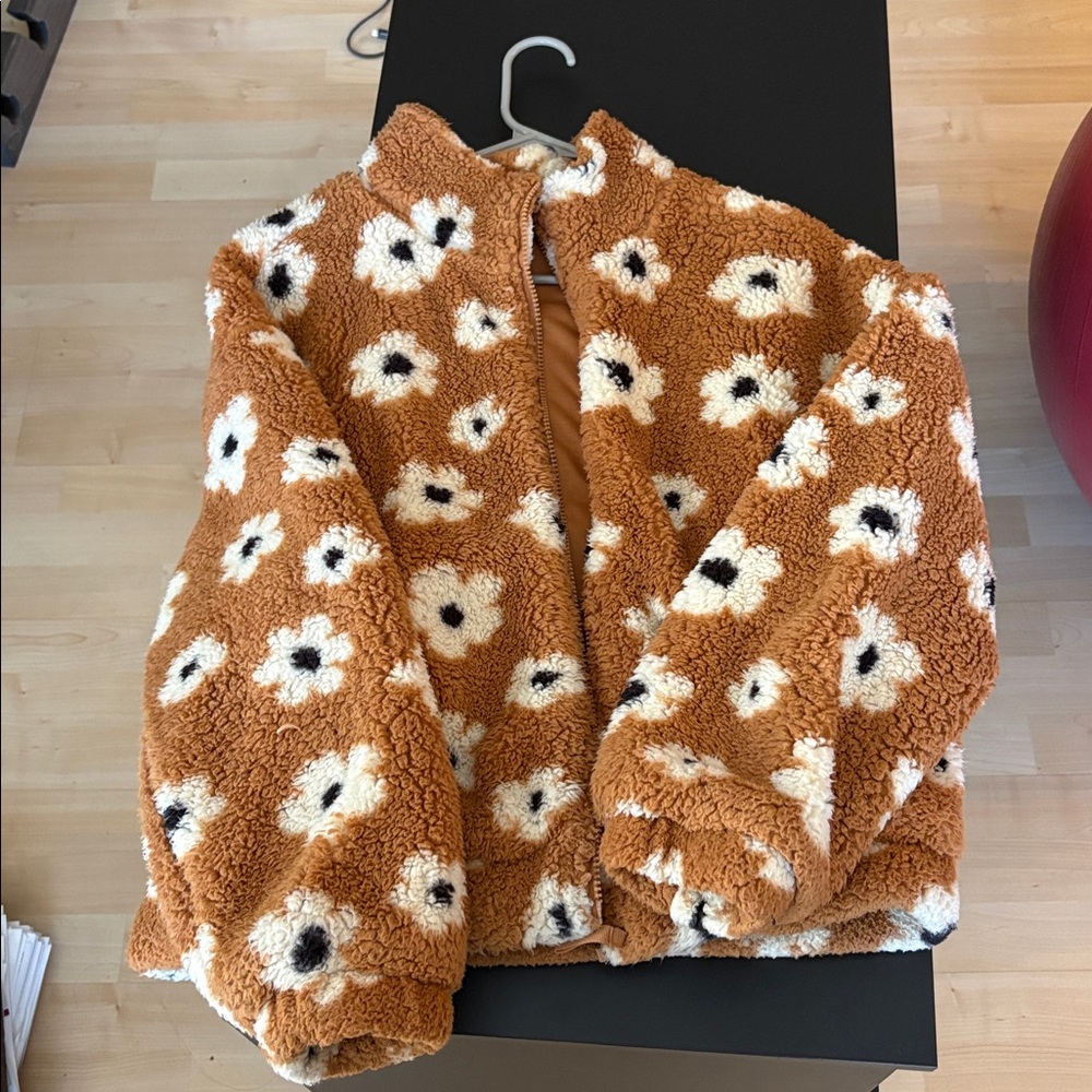 RSQ Tan and Cream Floral Sherpa Jacket